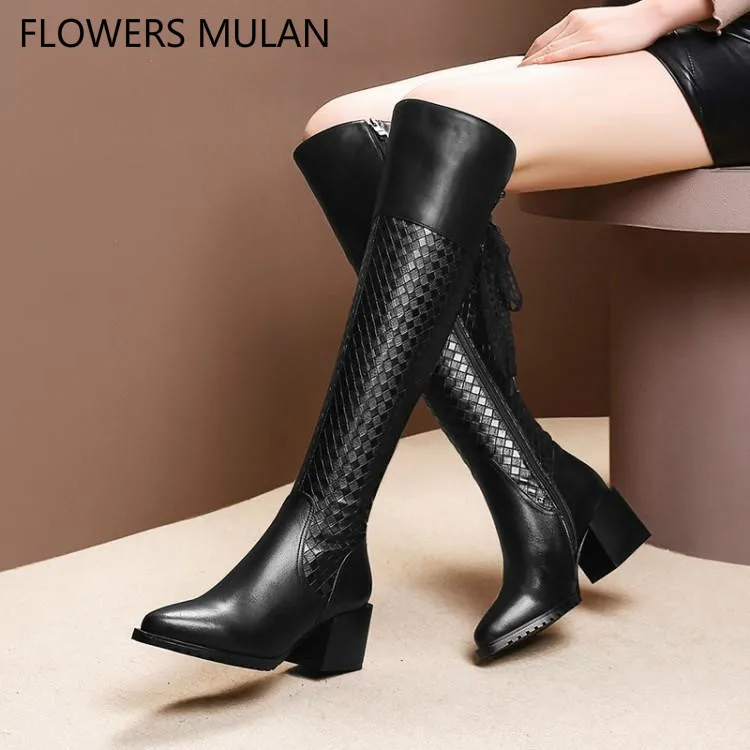 

Chic Patchwork Black Embossing Plaid Leather Winter Boots Women Knee High Ladies Booties Round Toe Chunky Heel Shoes Woman Botas