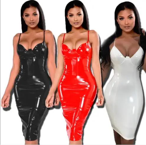 

4XL 5XL 6XL Plus Size Dress Sexy Winter PVC Wet Look Leather Dresses Women Red Black Zipper Black Club Dress LJ367