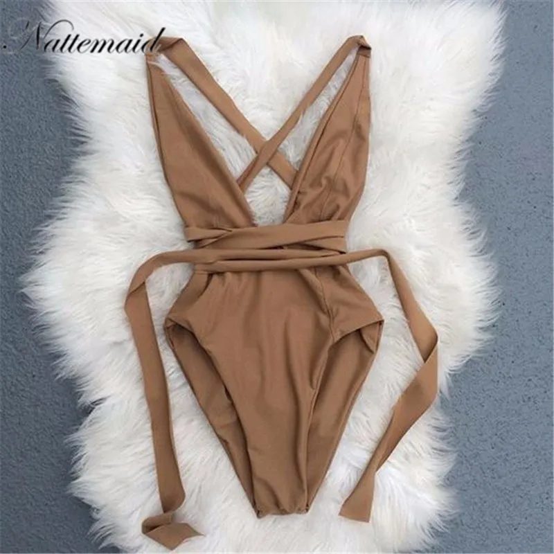 NATTEMAID Deep v neck lace up sexy bodysuit Black backless halter women