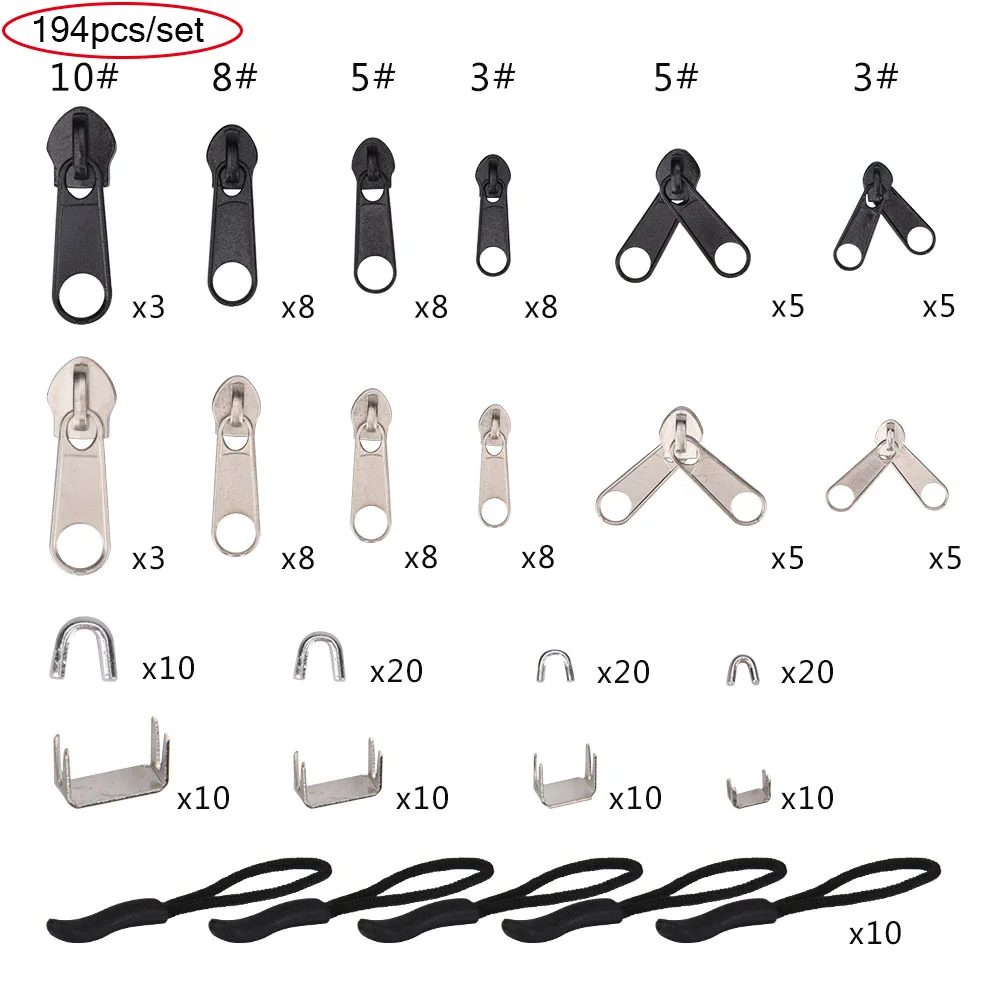 194pcs/set Zipper Head Slider Zippers Pull Repair Kit Universal Instant
