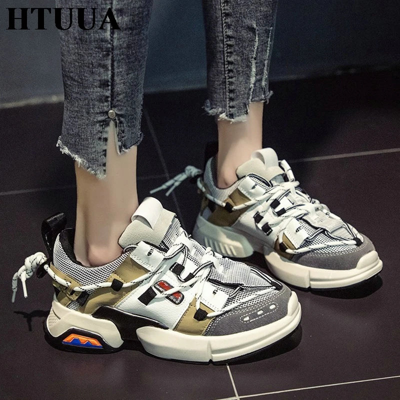 

HTUUA 2019 Autumn Fashion White Sneakers Women Casual Shoes Woman Chunky Platform Sneakers Female Vulcanize Shoes tenis SX3006