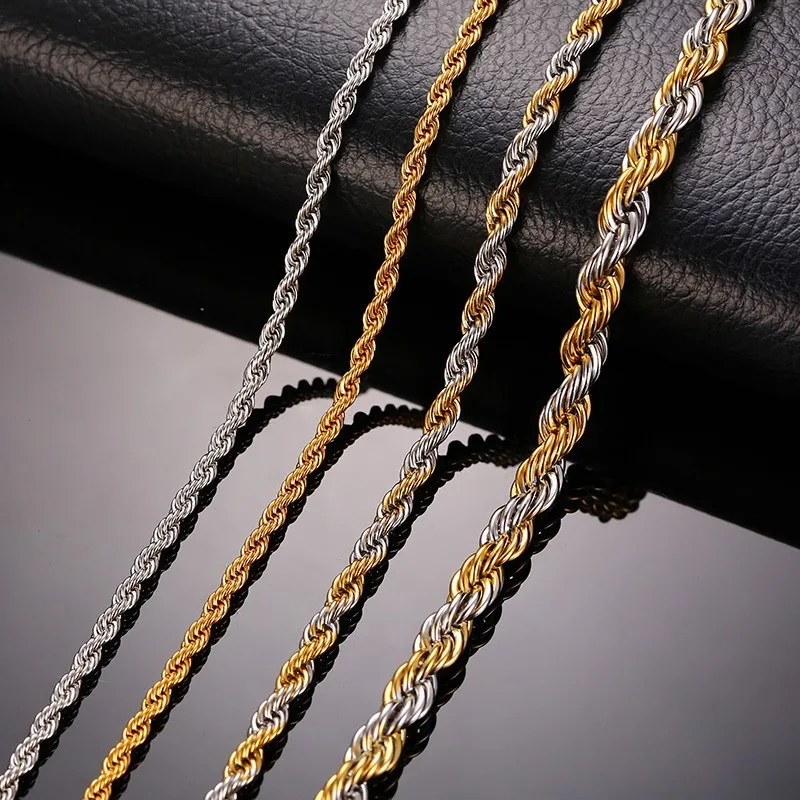 3mm/4mm/6mm Men's Stainless Steel Rope Chains Necklace Gold Silver Mens Stainless Steel Rope Chain