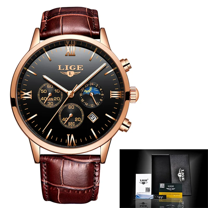 LIGE Mens Watches Top Brand Luxury Fashion Watch Men Leather Quartz Clock For Male Auto Date Rose Gold Shell relogio masculino - Цвет: Rose gold black