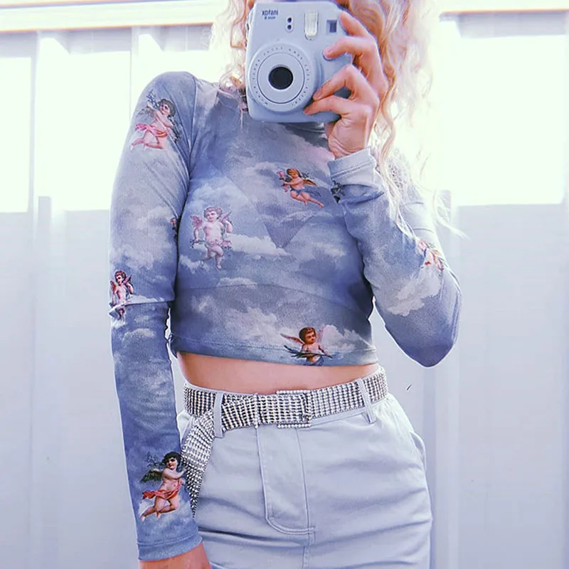 

2019 Spring Mesh Cupid Print Sexy T shirts Women Transparent Blue Pink Elastic Skinny Tops Stretchy Female Tees Long Tops