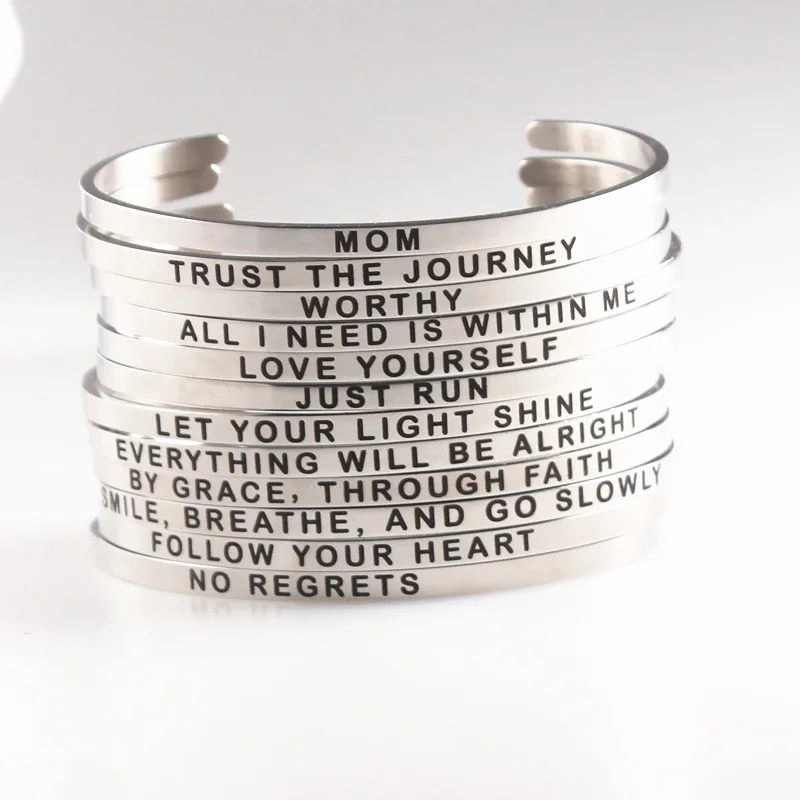 

2018 Stainless Steel Mantra Bracelet Positive Inspirational Quote New Cuff Engraved Bangle Bracelet For Women Best Gift