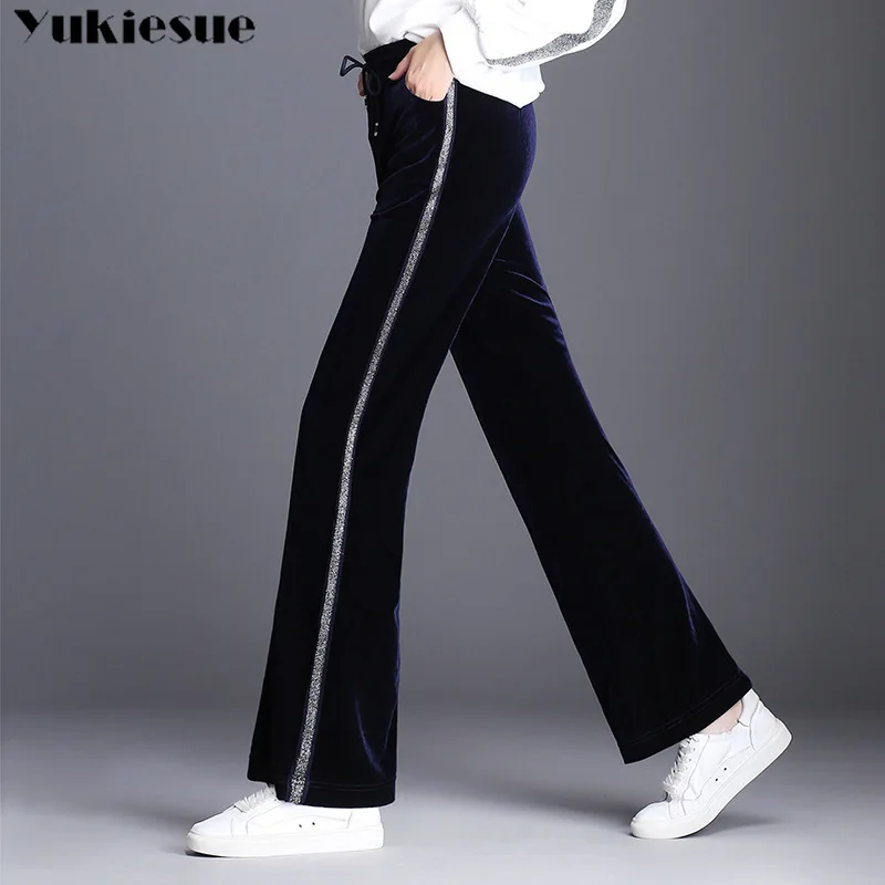 Широкие брюки Штаны для женщин pleuche велюр Высокая талия эластичный Полосатый Лоскутная ПР повседневные длинные женские брюки Большие