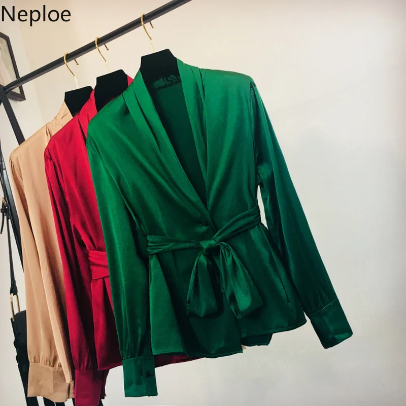 

Neploe Spring Blusas Mujer De Moda 2019 New Solid Sashes Lace-up Women Blouses Korean Elegant V-Neck Long Sleeve Shirt 43023