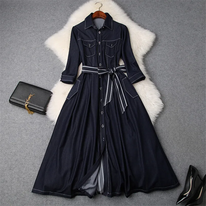 Brand Fashion Designer Spring Dresses for Women Turn Down Collar
