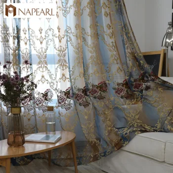 

NAPEARL Embroidered organza sheer curtain tulle fabric floral transparent bedroom living room window drapes modern curtain blue