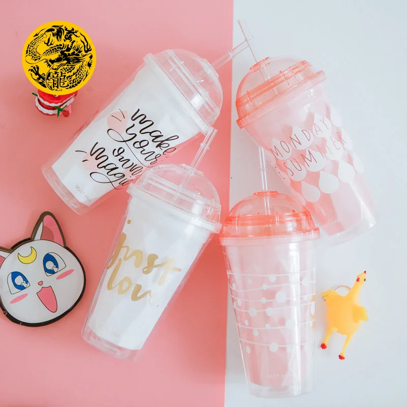 

Double-layer text Plastic Water Bottles Straw Type Pink Korean style cute PC material 500ml Home or office use