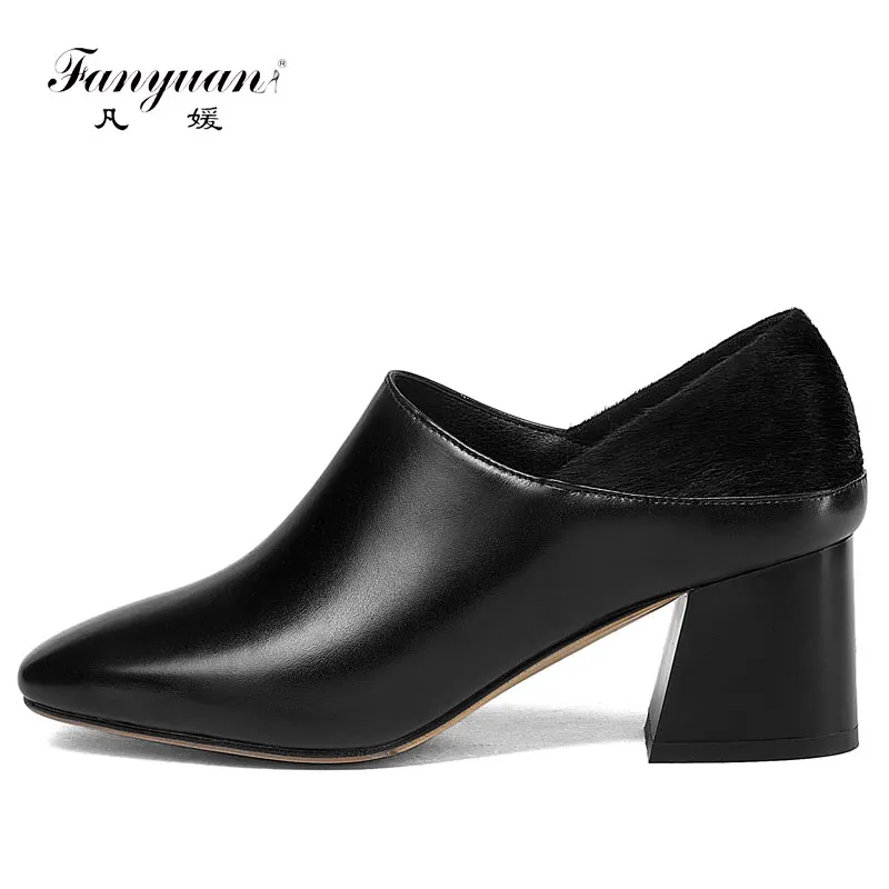 

2018 Fanyuan Brand Shoes Women Med Thick Heel shoes Neutral Square Toe Genuine Leather Pump Lady Dress Mosaic Solid shoes