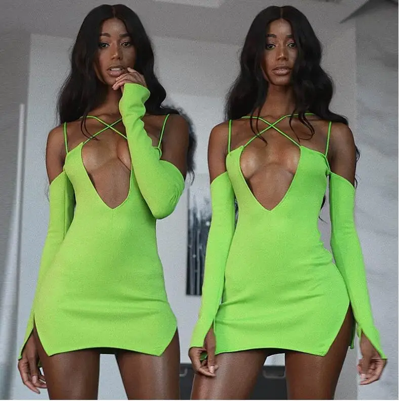 

New cotton V-neck cross bandage backless sexy mini dress winter women fashion solid Christmas party dresses