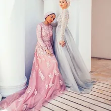 2017 Modest Hijab Formal Dresses Full Sleeves Muslim Coral Tulle Long Evening Dresses With Appliques Abendkleider Vestido Longo