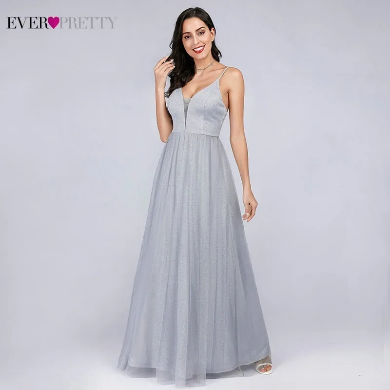 

Vestidos Fiesta Boda Ever Pretty Sparkle Grey Bridesmaid Dresses V-Neck Spaghetti Straps Sexy Backless Wedding Guest Dresses