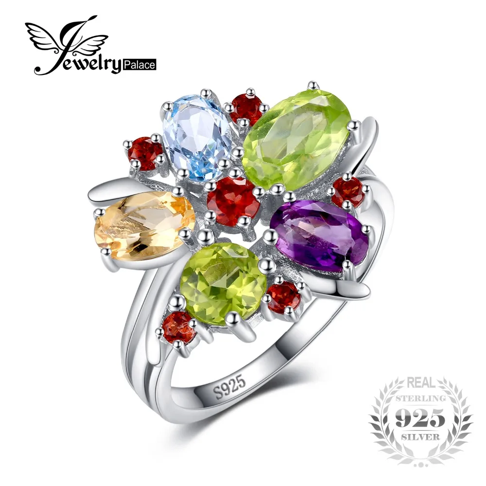 

JPalac Flower Natural Amethyst Citrine Garnet Peridot Topaz Ring 925 Sterling Silver Rings for Women Silver 925 Gemstone Jewelry