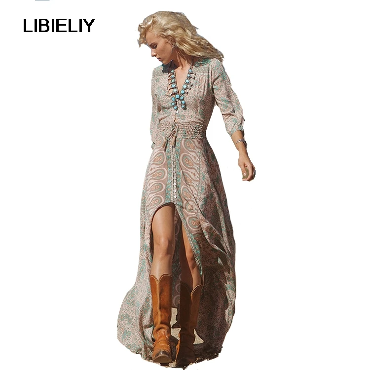 Robe Boheme Femmes Folk Longue Maxi Robe Noire Sexy Col En V Profond Hippie Chic Robes Fendues Femmes Marque Vetements Manches Trois Quater Aliexpress