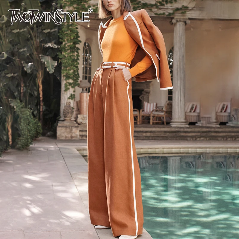 

TWOTWINSTYLE Hit Color Women's Suit V Neck Long Sleeve Coats High Waist Sashes Pants Two Piece Ses Female 2019 Fashion Summer