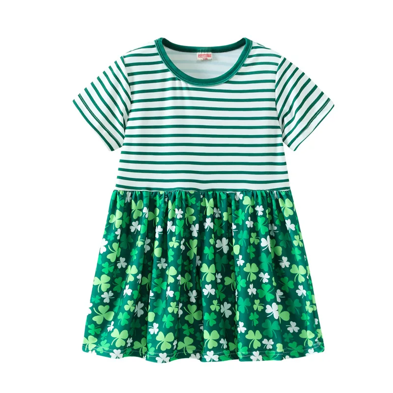 Summer Printed and Striped Patchwork Baby Princess Girls Short-sleeved Dress Girls Clothes For 2-7 Years Old