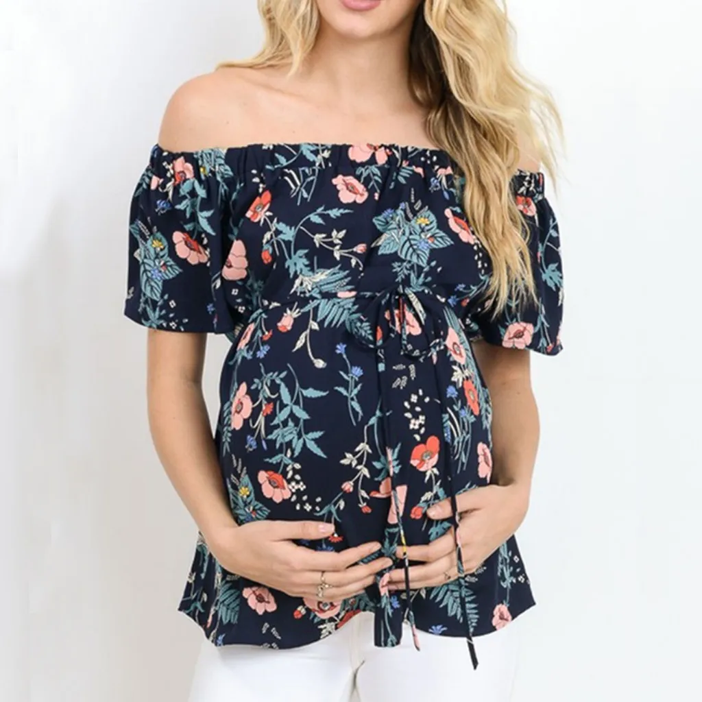 Для беременных с коротким рукавом Грудное вскармливание с открытыми плечами Цветочные футболки Одежда для беременных ropa mujer hamile giyim