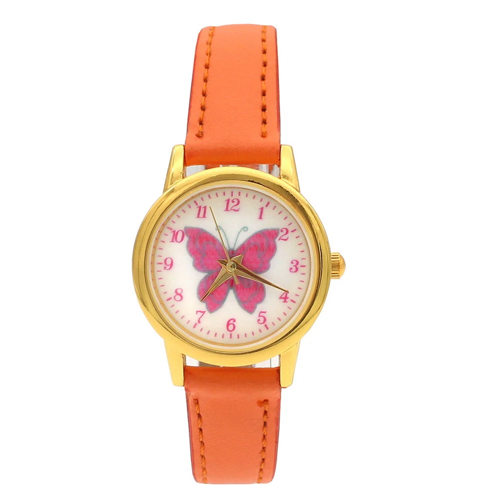 Милые красивые кожаные часы с бабочками, прекрасный подарок для девочек и мальчиков, Студенческие Кварцевые часы, детские наручные часы с животными, U93G - Цвет: ORANGE