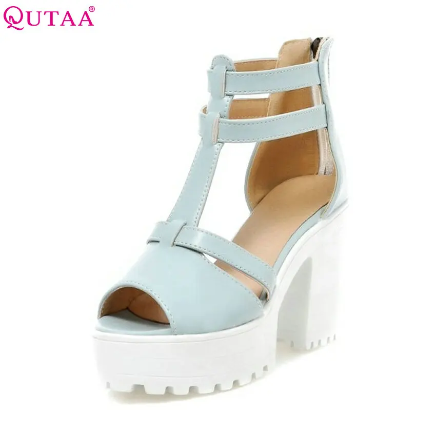 QUTAA 2017 Platform Sandals High heel Ankle Wrap Shoes New Women Fashion PU Casual Summer Sandals