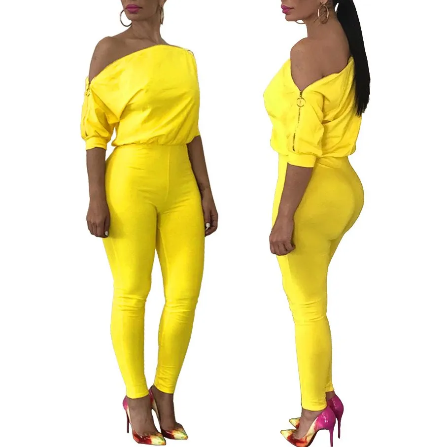 

2019 Women Off Shoulder Skinny Bodycon Jumpsuits Zipper Short Sleeve Casual Overalls Solid Slim Club Playsuit