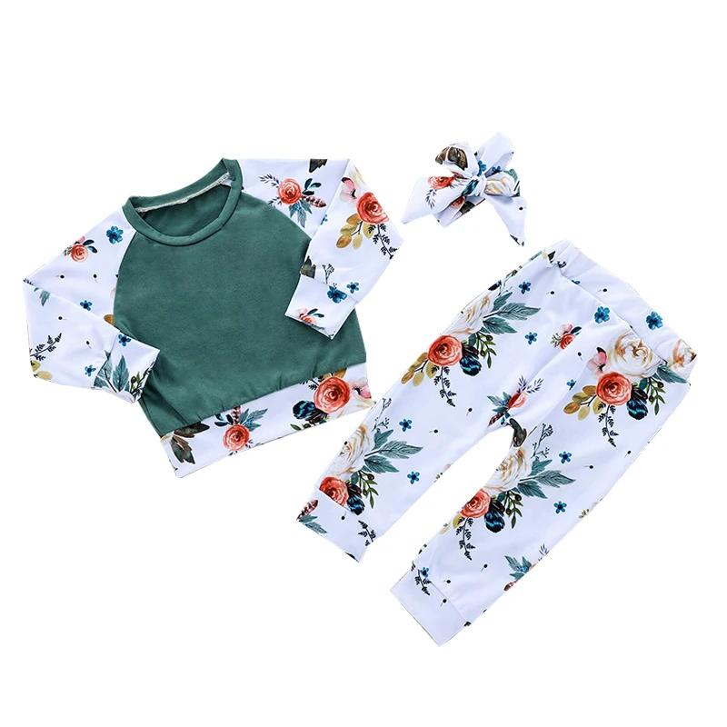 3PCS Infant Kids Baby Girl Floral Long Sleeve Top Dress Pants Clothes Outfit Set