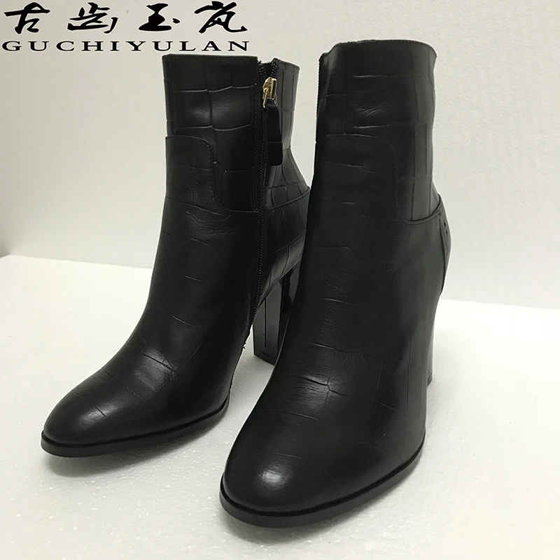 

GUCHIYULAN Brand New Women High Heels Cowhide Leather Short Boots Spring Autumn Stone-embossed Zip Martin shoes Black