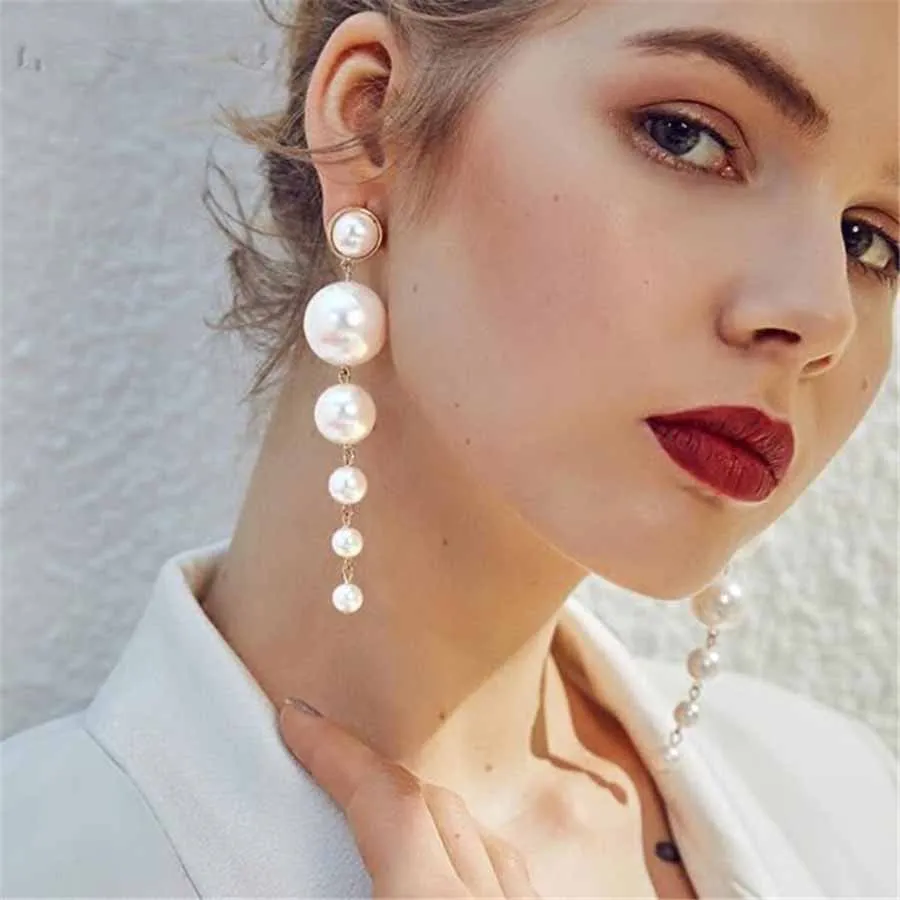 

New Trendy Elegant Created Big Simulated Pearl Long drop Earrings Pearls String Statement Dangle Earrings For Wedding Party Gift