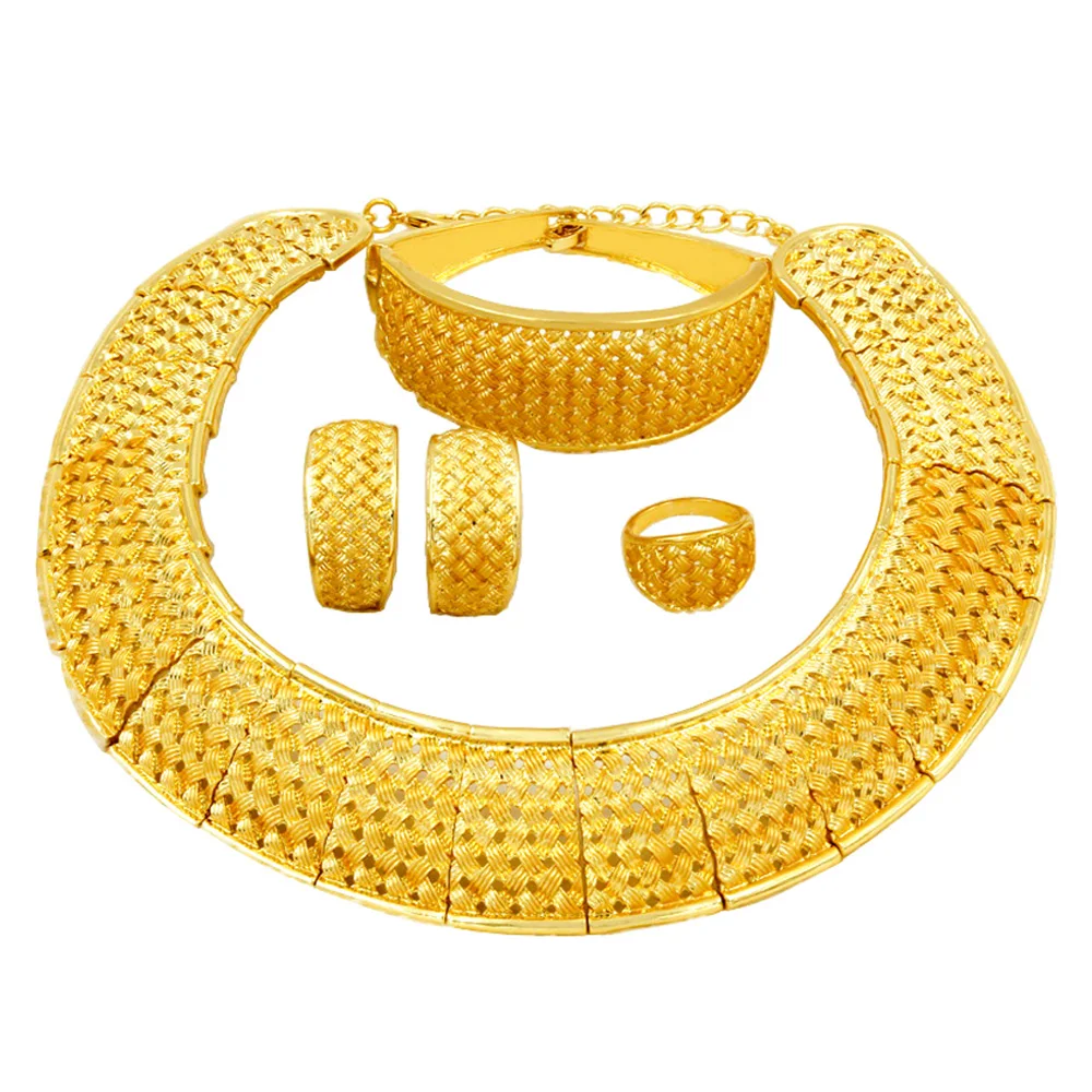 

2019 African Fashion Women 24 Gold Jewelry Set Big Necklace Ring Bracelet Bridal Wedding Jewelry Gift Accessories