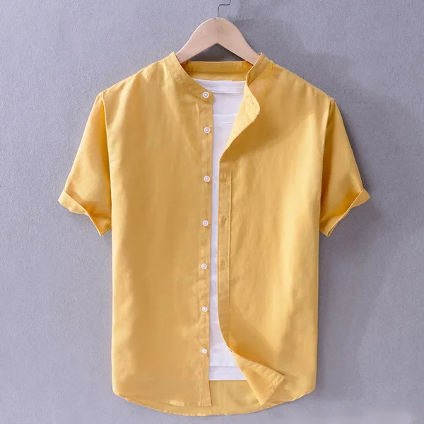 Yellow Новое поступление, Брендовые мужские льняные рубашки летняя однотонная желтая рубашка Мужская мода Повседневная рубашка со стоячим воротником мужская рубашка большого размера - Цвет: Yellow