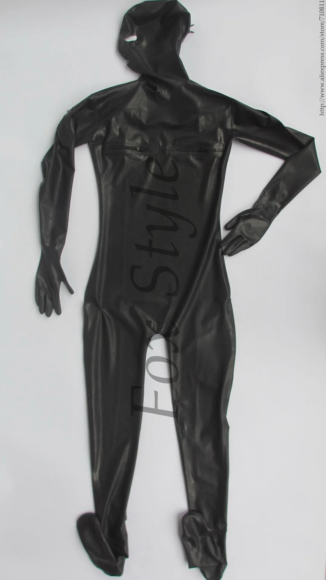 Полный боди латексная одежда zentai резиновая с задней молнией нагрудная молния