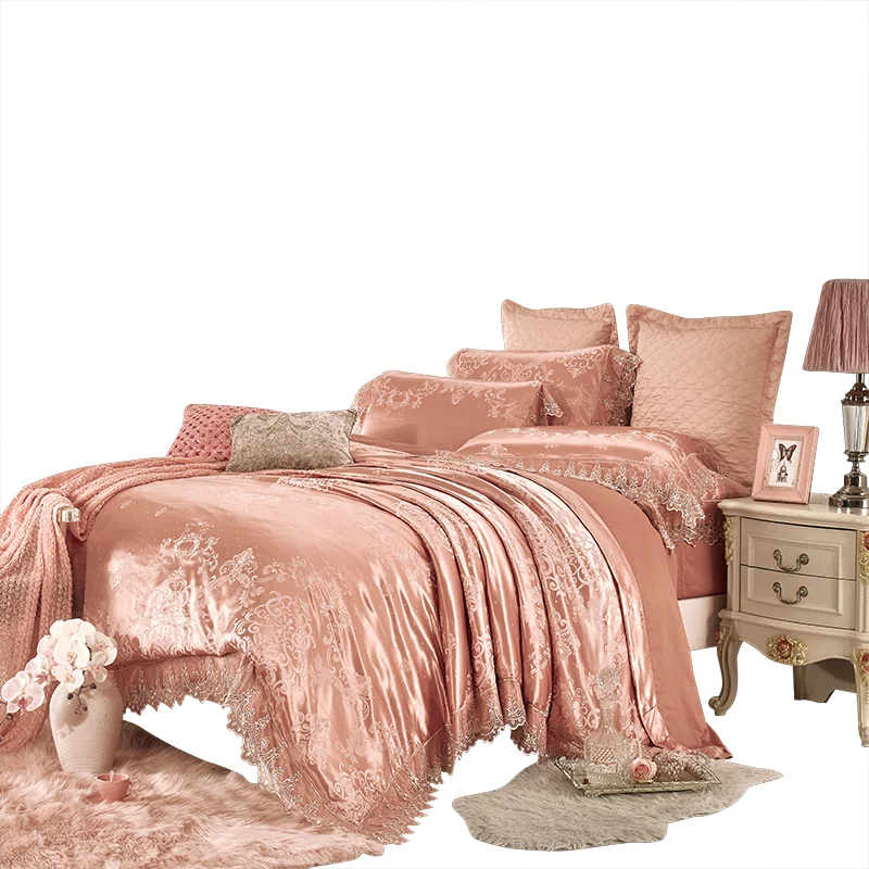 

80s luxury bedding set cotton queen size bed sheet lace jacquard pillow cover 1000TC satin home textile pink bedspread wedding