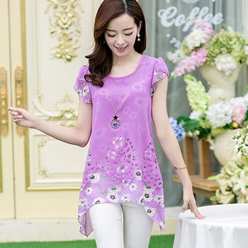 

New Arrival Elegant Women Floral Print Long Tops Asymmetric Hem Chiffon Fashion Tee Shirt