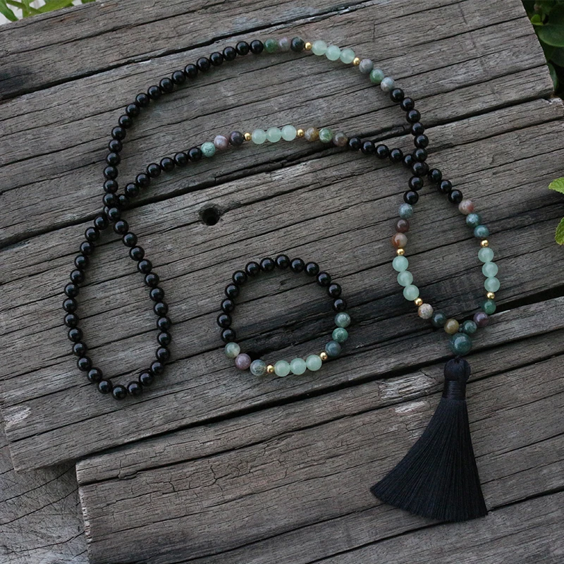 

100% 8mm Natural Stone, Black Onyx, Indian Agate, Aventurine, JapaMala,Yoga Necklace,Spiritual Jewelry,Meditation,108 Mala Beads