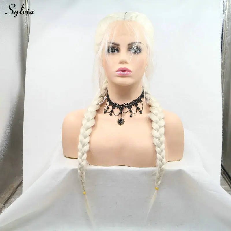 Sylvia 2x твист косички парик 613# Пастель блонд/60# белый блонд/фиолетовый синтетический парик на кружеве с детскими волосами двойной плетеный парик