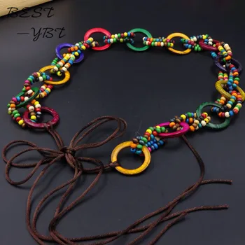 

Girls fashion accessories Bohemian style wooden bead hand-woven wax rope belt waist chain tassel wind retro style boutique belts