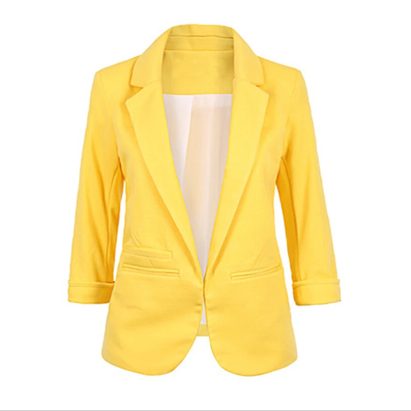Женский деловой пиджак, офисный, офисный, открытый, передний, зубчатый Блейзер, осень, приталенный Блейзер, белый, Женский блейзер, 11 цветов, размер S-XXL - Цвет: Цвет: желтый