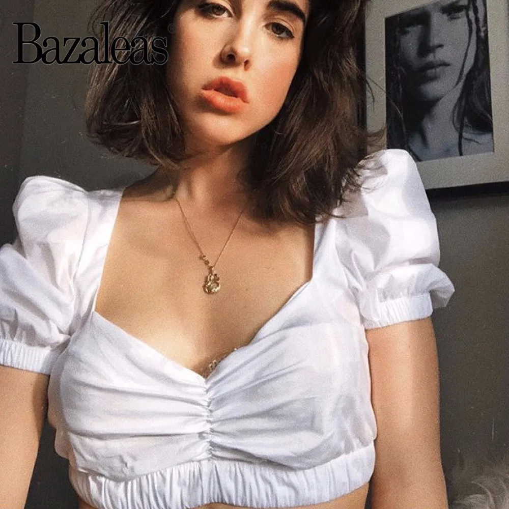 

Bazaleas 2018 Sexy Fold Women T-shirt White Vintage Lantern Sleeve Crop Top Fashion harajuku Cropped Basic Women t shirt