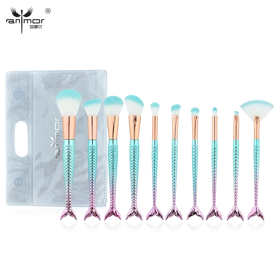 

Anmor 10 Piece Fish Makeup Brushes Set Blending Foundation Powder Eyeshadow Contour Concealer Fan Make Up Brush Kit FS-002