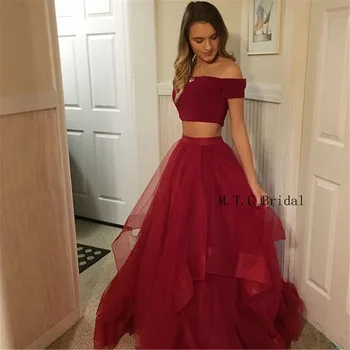

High Quality Burgundy Tulle 2 Piece Prom Dresses Off The Shoulder Tiered A Line Long Evening Gown 2019 Cheap Women Party Dress