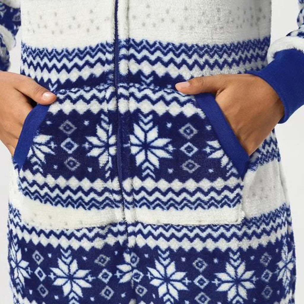 Harga 2019 Wanita Biru Bergaris Kepingan Salju Printing Hooded Flanel Pakaian Latihan Yg Hangat Lengan Panjang Onesies Satu Potong Piyama Hoodie Hangat Set D