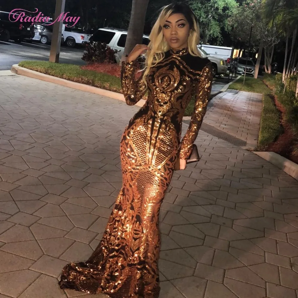 

Black Girls Long Sleeves Mermaid Gold Prom Dresses 2k19 High Neck Sequined Embroidery Elegant African Women Formal Evening Gowns