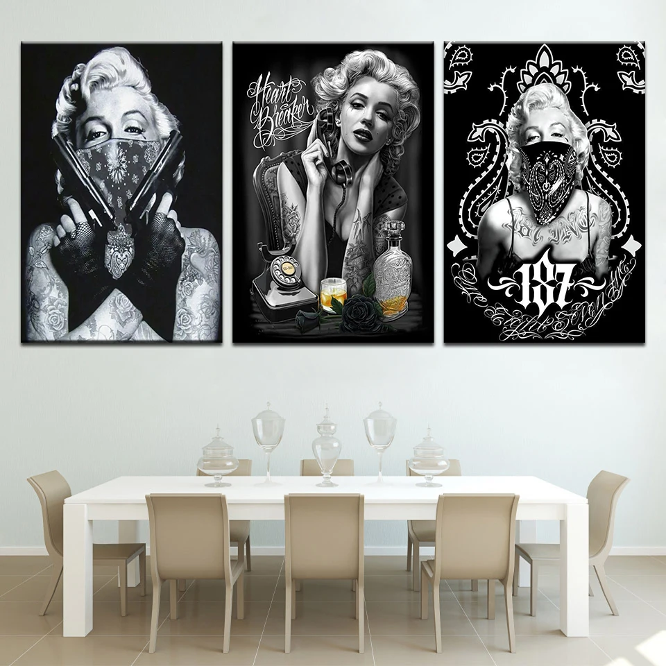 Тату Мэрилин Монро арт принты черный белый постер, поп-арт сексуальный Портрет холст настенные картины 3 панели для дома офисный Декор