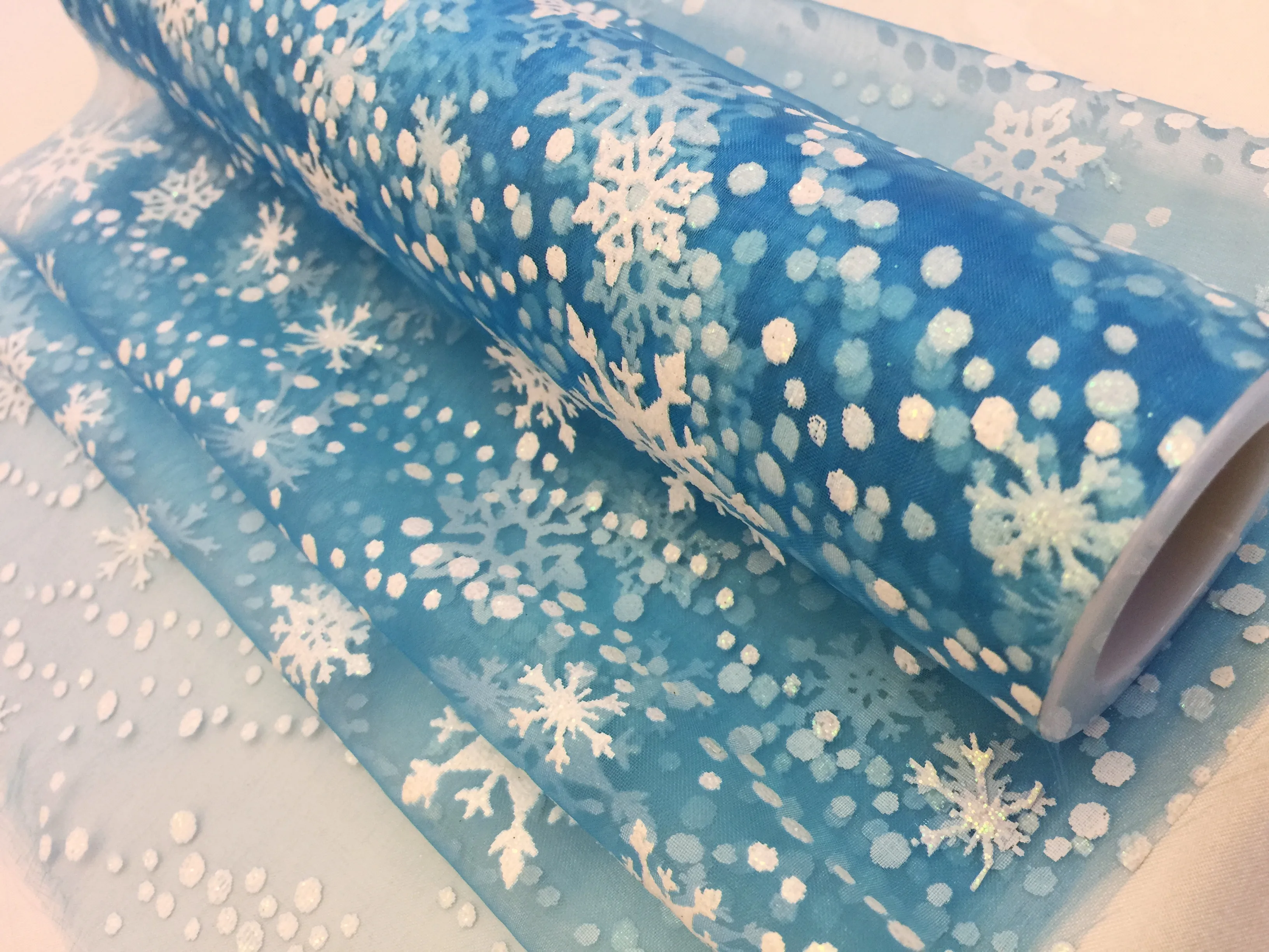 ZLJQ 27cm*10Yards Blue White Glitter Shimmering Snowflake Glitter Frozening Snow Tulle Roll Tutu Skirt Wedding Gift Bow Craft