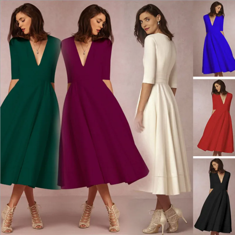 

GEJIAN Vintage Dress Women New fashion Casual Plus Size Elegant Bohemia Dress Female Sexy Solid color V Neck Long Party Dresses