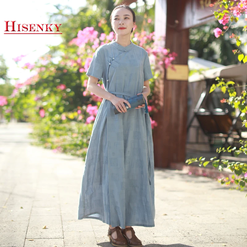 

Hisenky 2019 Summer Cheongsam Dress Traditional Chinese Long Dress Short Sleeves Cotton Vintage Qipao Dress Robe Femme Vestidos