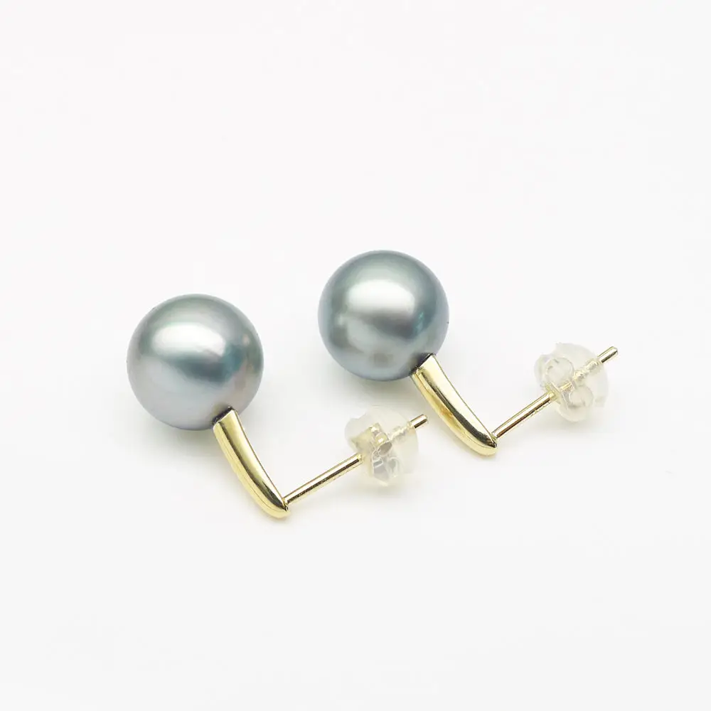 

Free Shipping 9-10MM AAA Natural Silver Gray Real Tahitian Pearl Drop Earrings 14K Yellow Gold