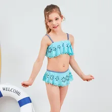 Купальный костюм для девочек из двух предметов, детские купальники, детский раздельный комплект бикини с оборками, купальный костюм, пляжный танкини