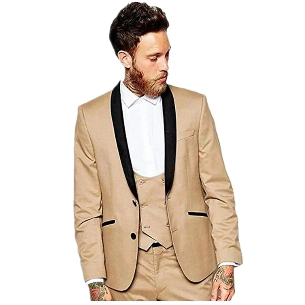 

3pcs High Quality Beige suit Mens Formal Suits Tuxedos Blazers Suits Shawl Lapel Custom Made Best Men Grooms (Jacket+Pants+Vest)